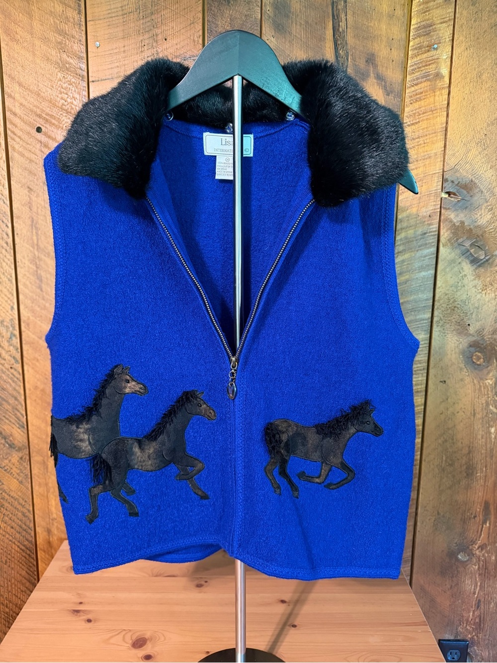 VTG 90s Lisa Intl Blue Boiled Wool Horse Vest Faux Fur Collar Equestrian Western
